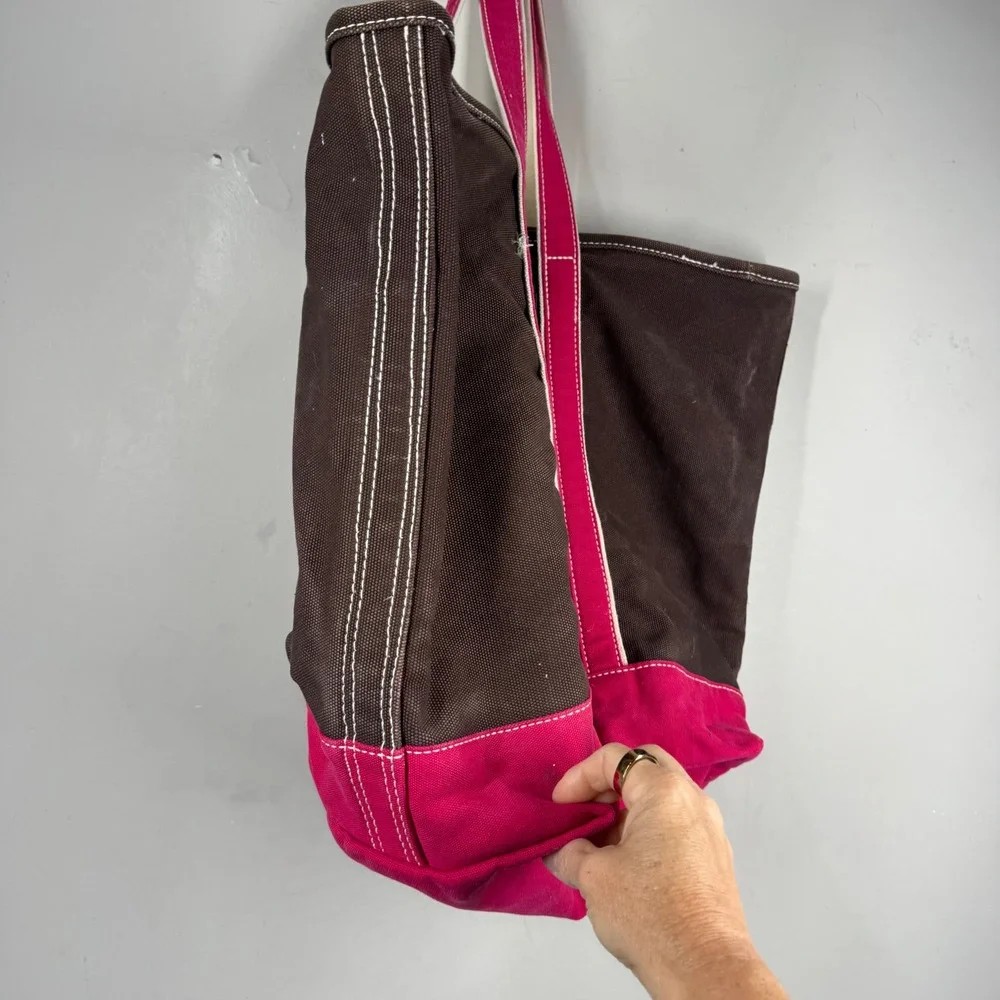 Lands End Brown Pink Canvas Tote Bag Colorblock Large Cotton Carryall 386290